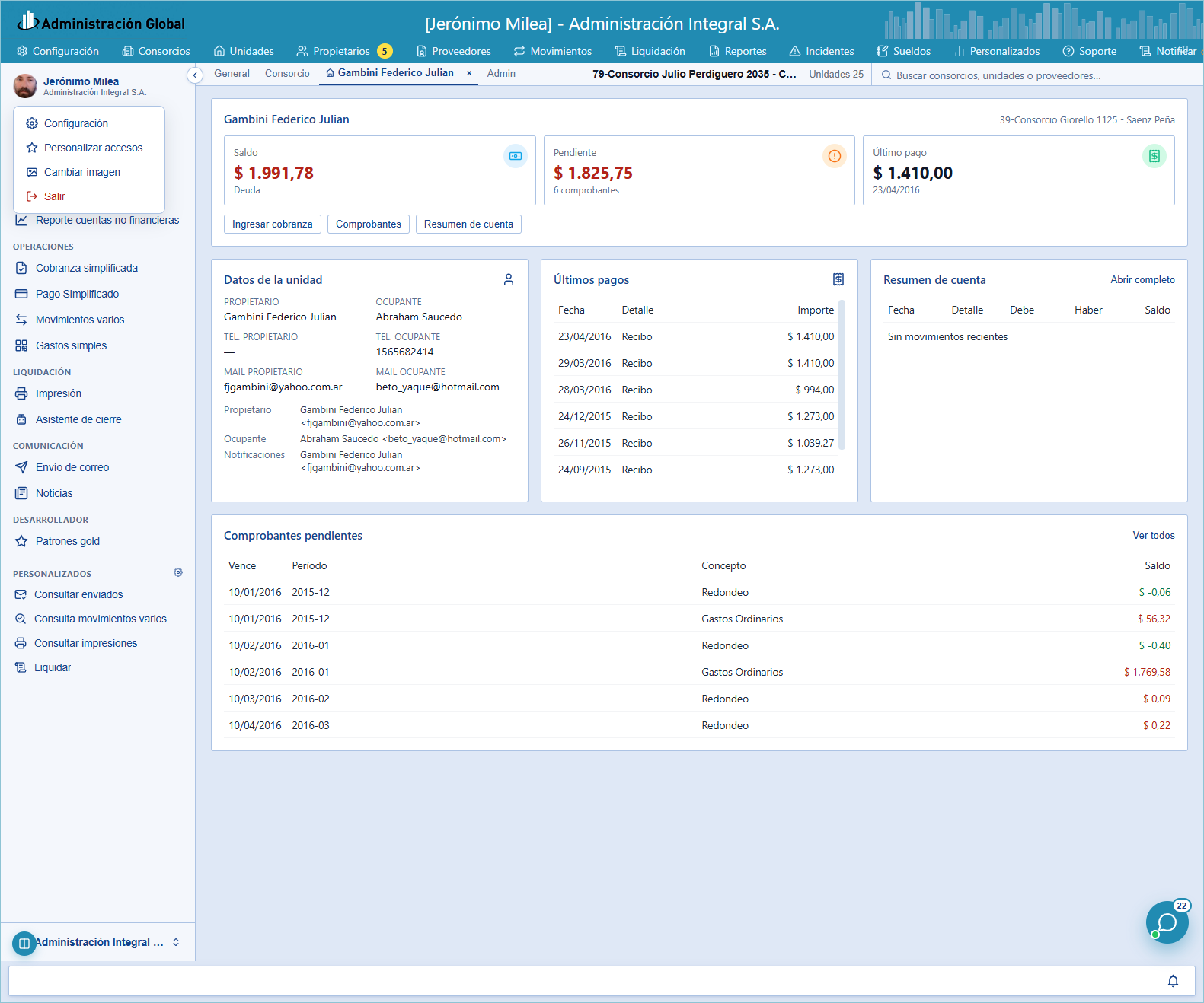 Menú del usuario: Configuración, personalizar accesos, cambiar imagen y salir